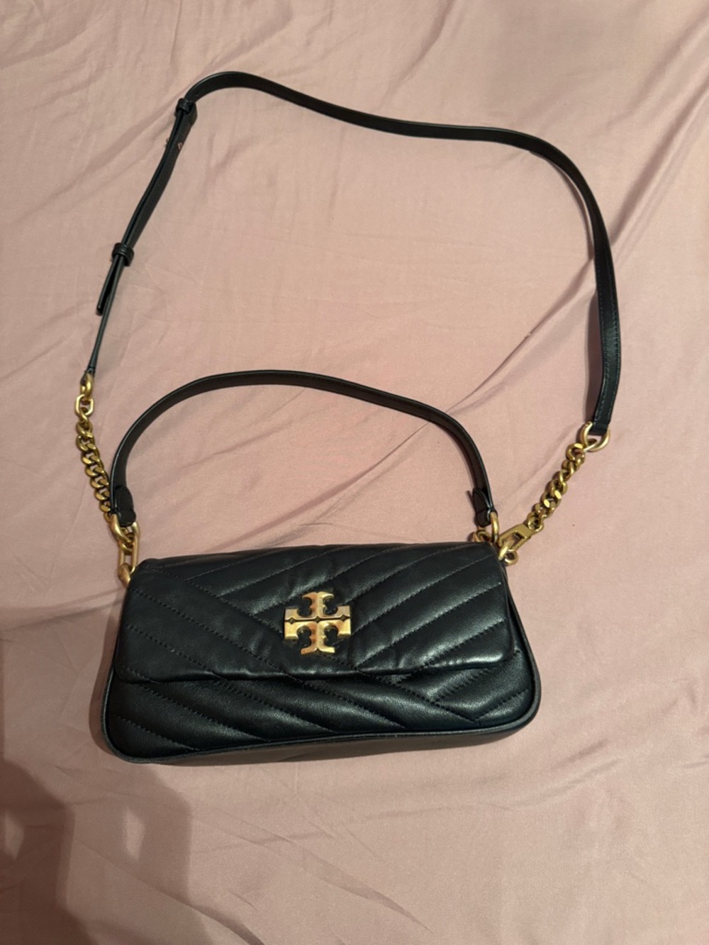 Tory Burch Black Quilted Leather Crossbody Bag with Gold Logo